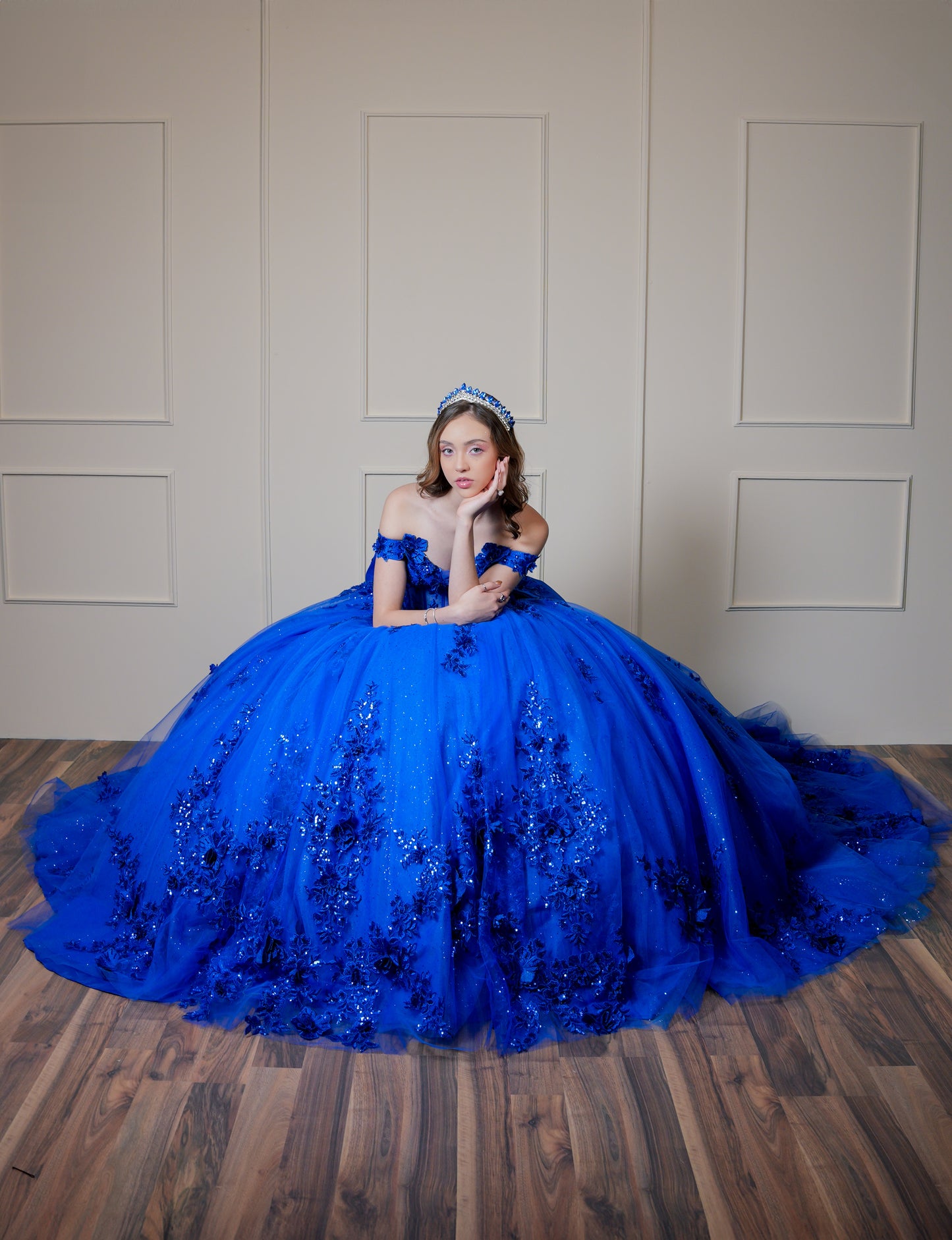 Vestido de XV Años Azul Rey Bordado de Flores con Moño