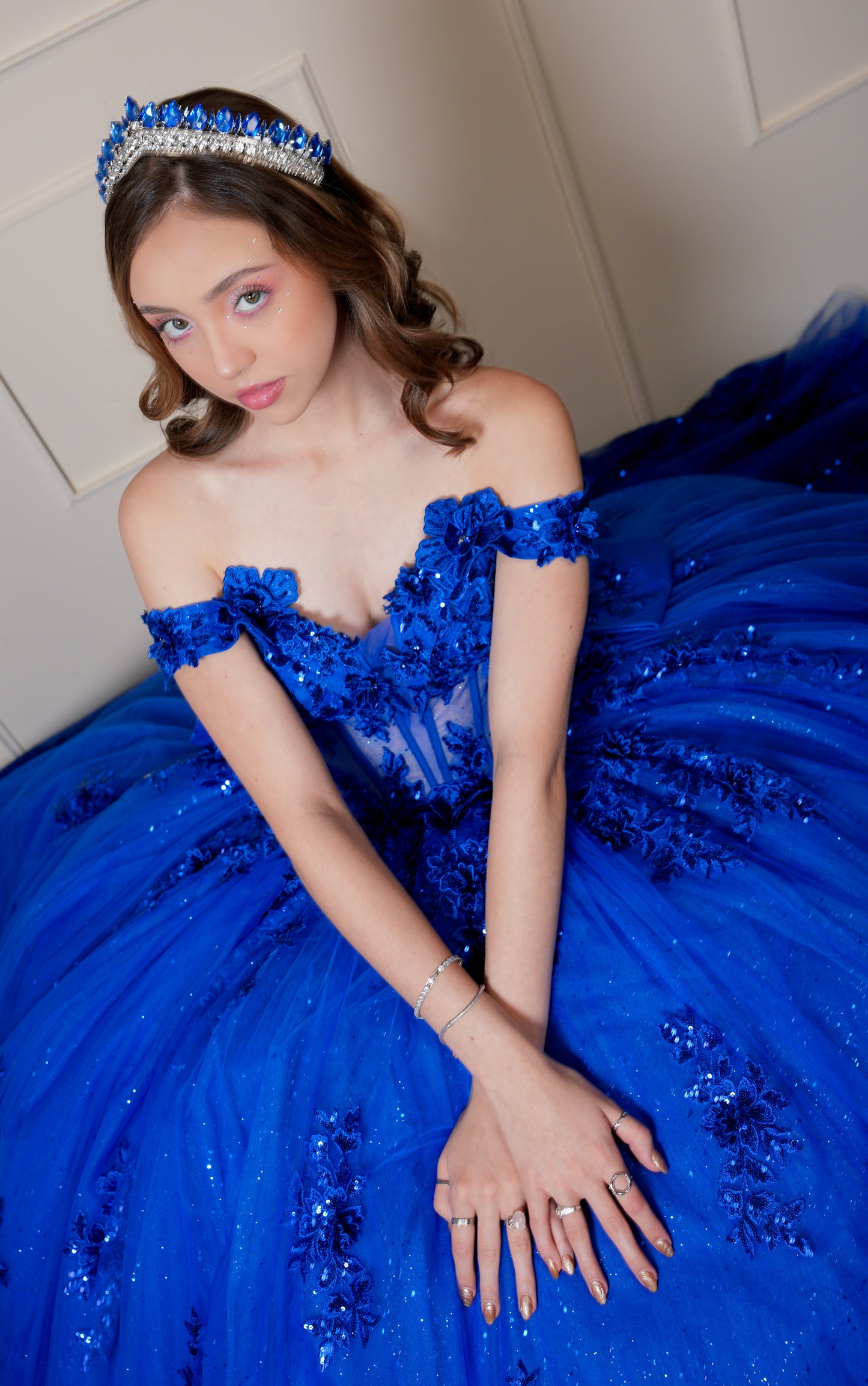 Vestido de XV Años Azul Rey Bordado de Flores con Moño