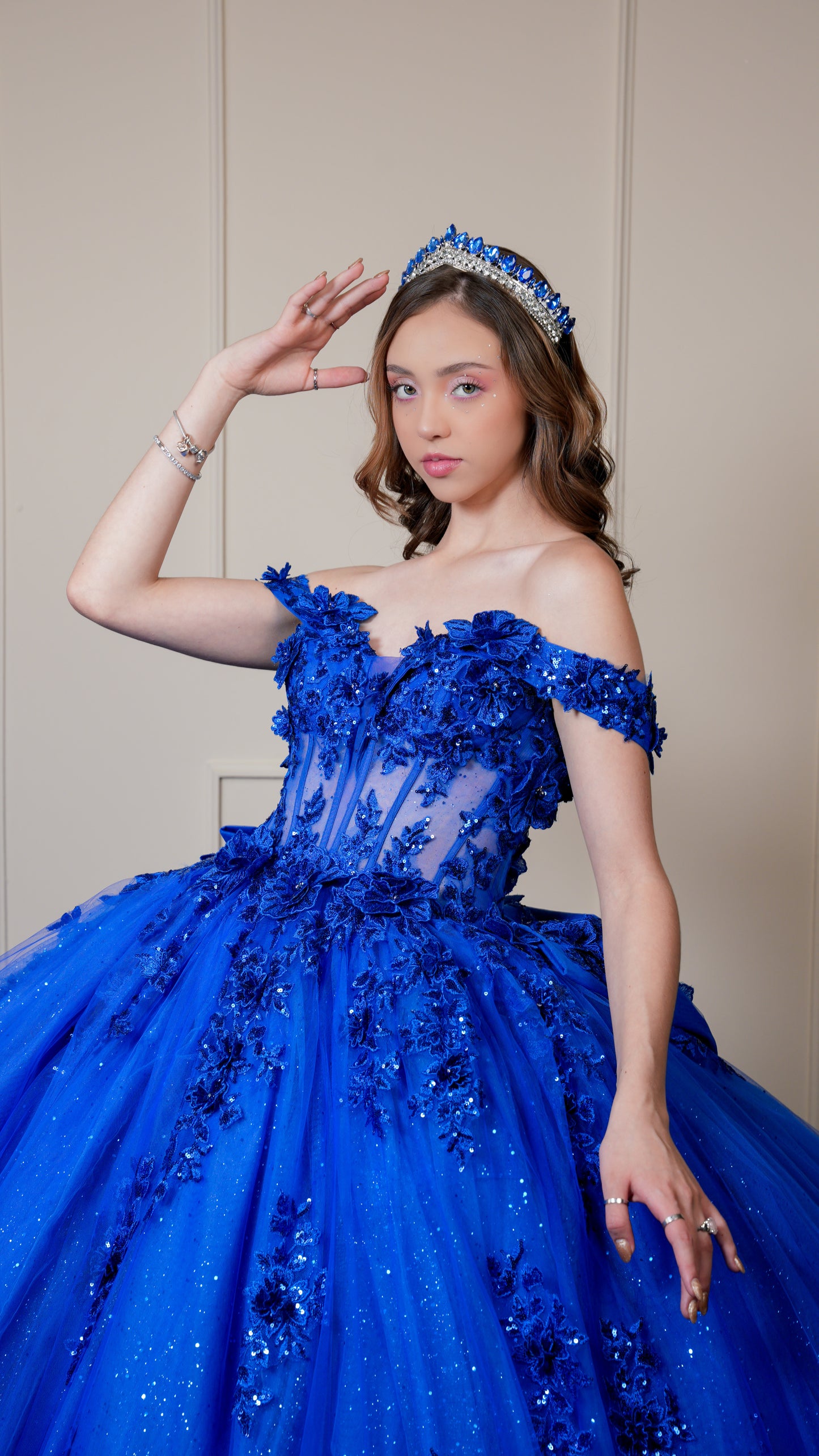 Vestido de XV Años Azul Rey Bordado de Flores con Moño