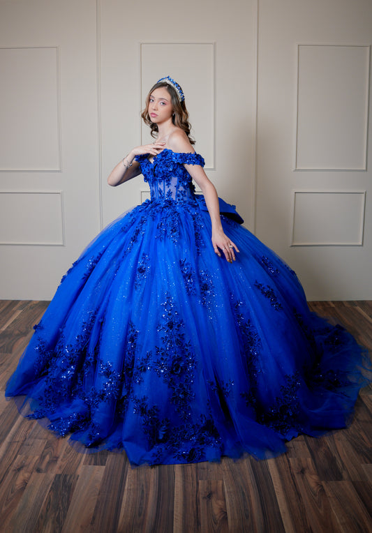 Vestido de XV Años Azul Rey Bordado de Flores con Moño