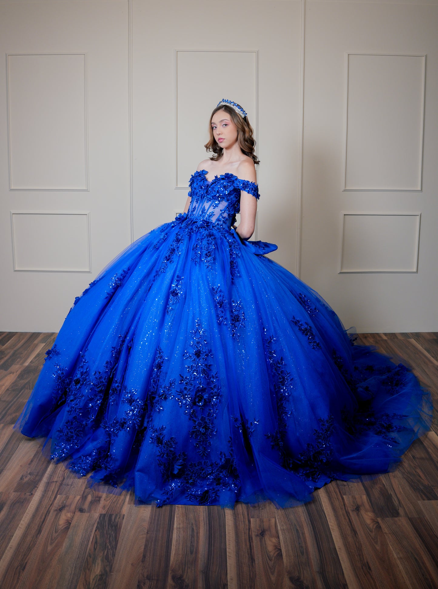 Vestido de XV Años Azul Rey Bordado de Flores con Moño