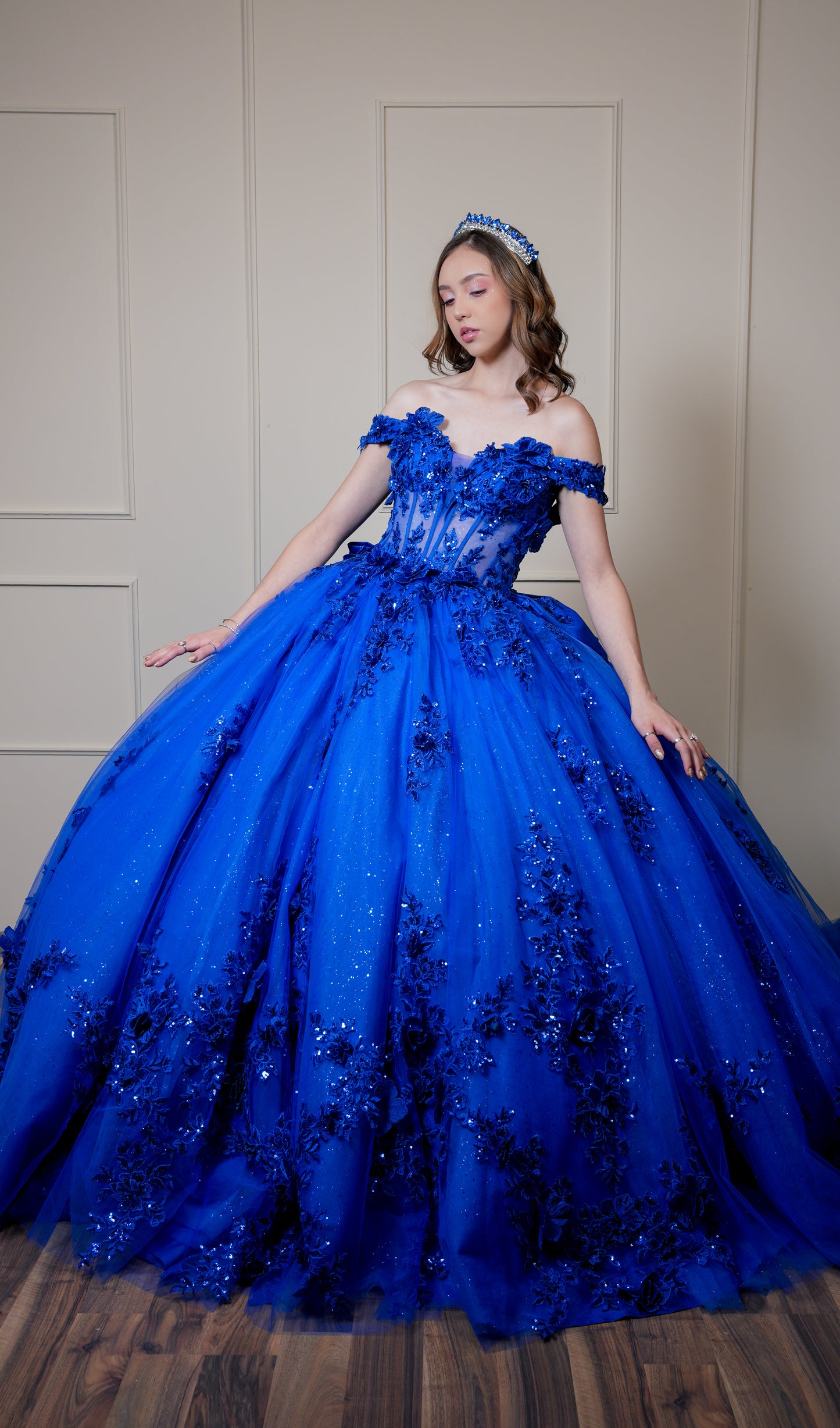 Vestido de XV Años Azul Rey Bordado de Flores con Moño