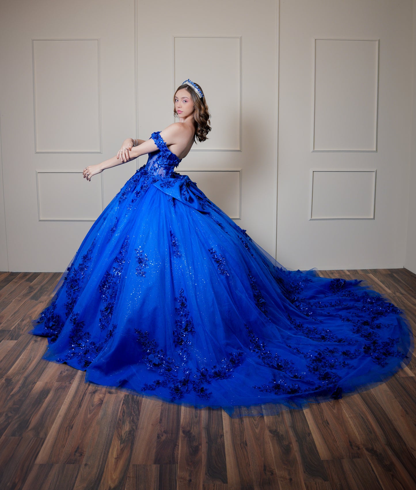 Vestido de XV Años Azul Rey Bordado de Flores con Moño