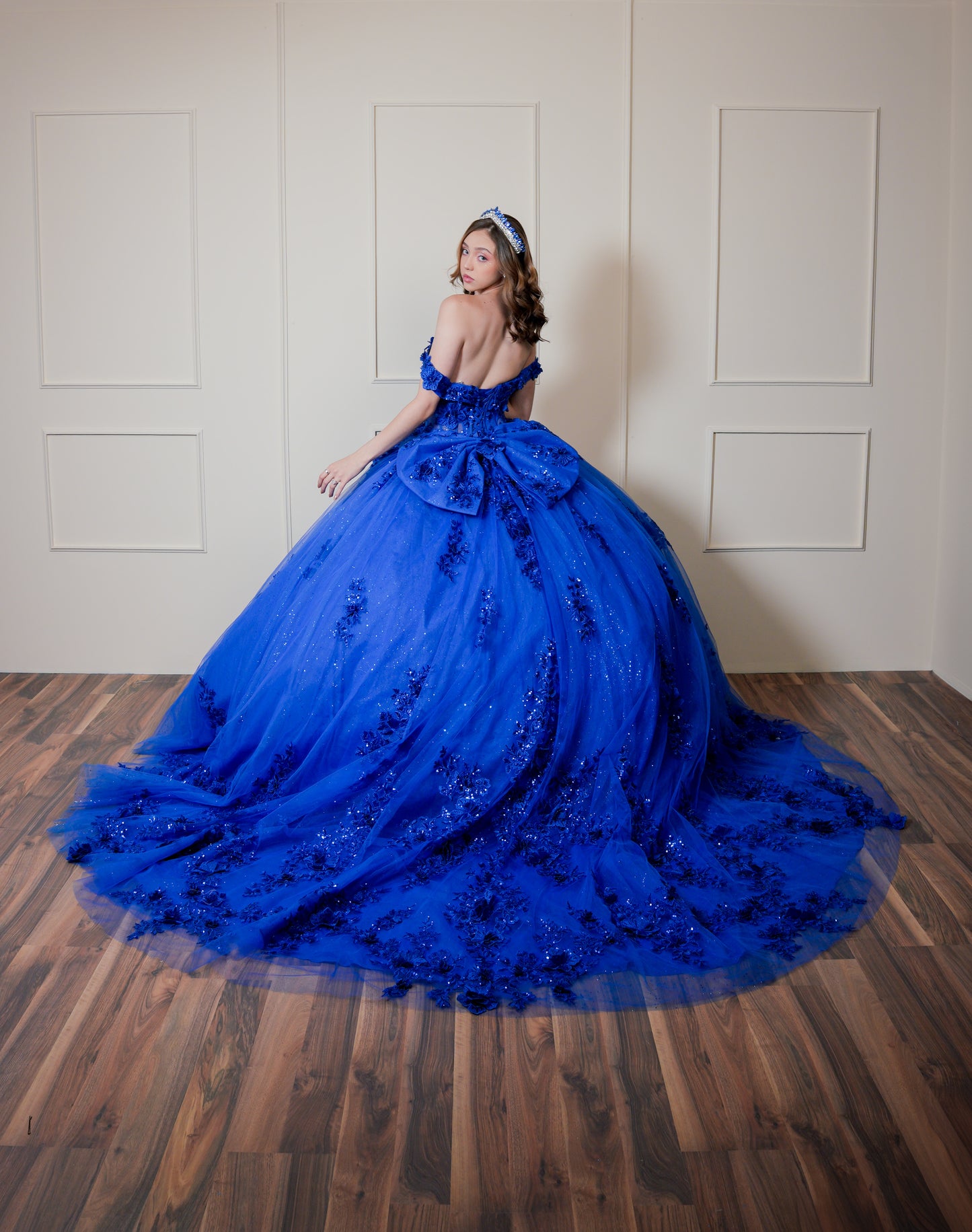 Vestido de XV Años Azul Rey Bordado de Flores con Moño