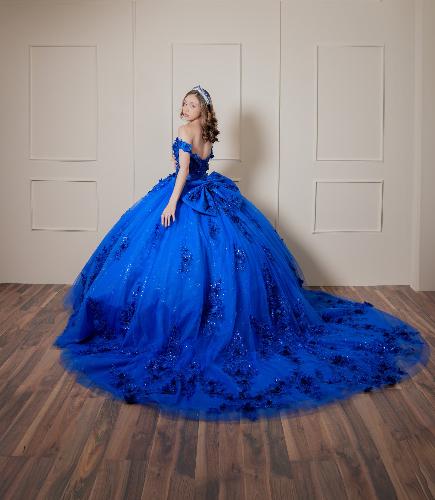 Vestido de XV Años Azul Rey Bordado de Flores con Moño