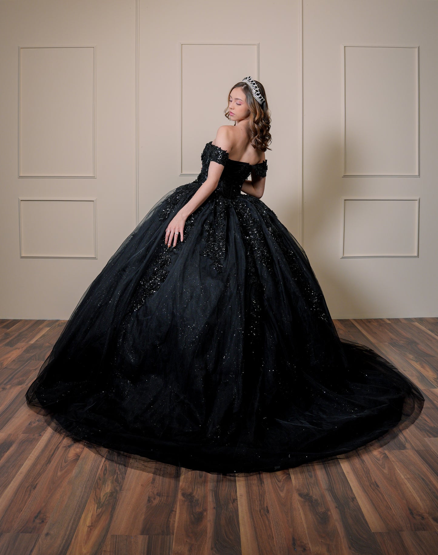 Vestido de XV Años Negro Bordado Con Manga Caída Corset Transparencia