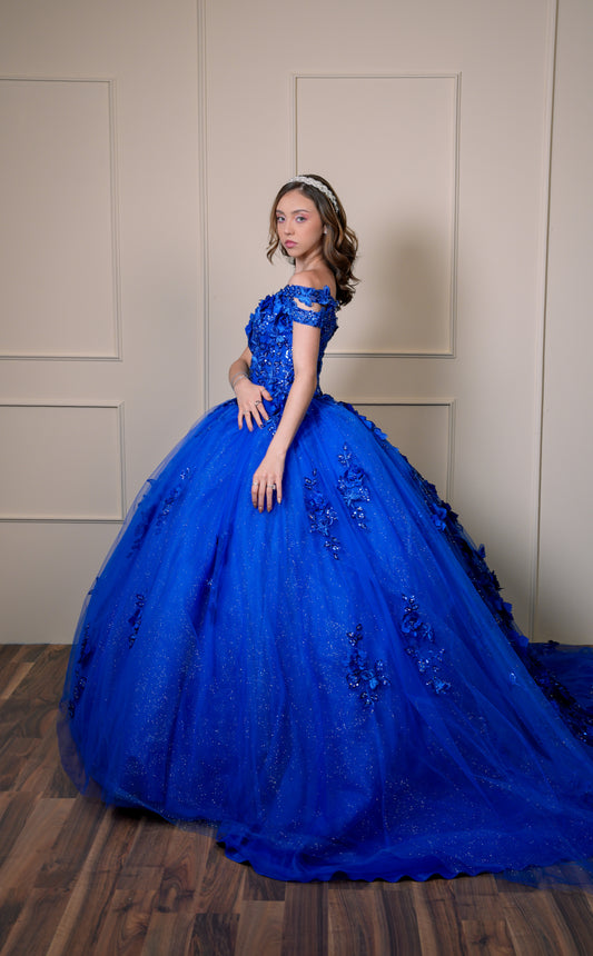 Vestido de XV Años Azul Rey Bordado Flores con Manga Caída Doble