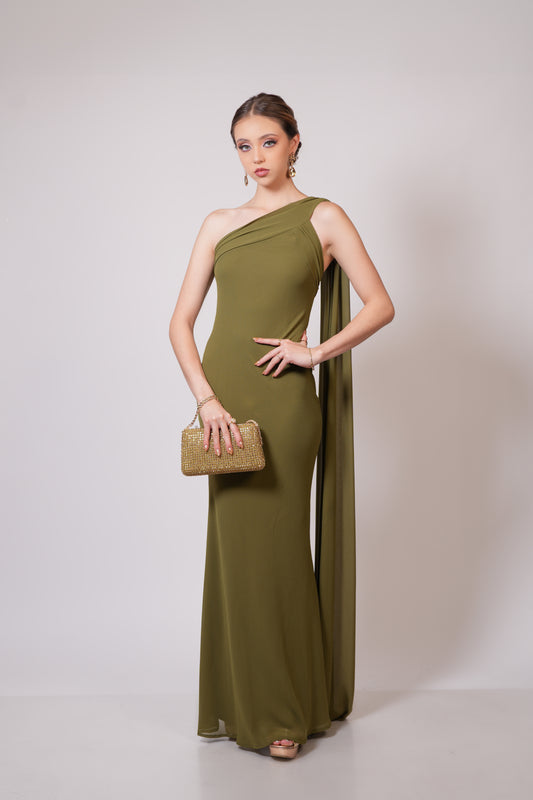 Vestido Verde Olivo un Tirante con Estola