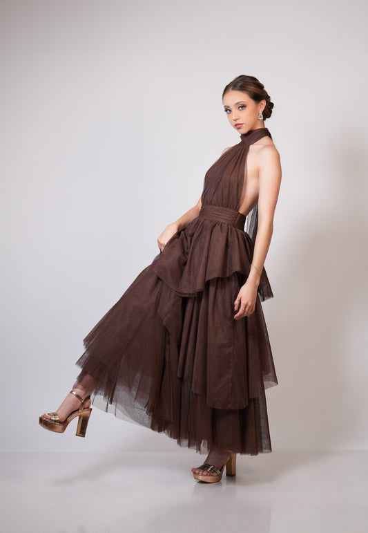 Vestido Cafe Cuello Halter Olanes