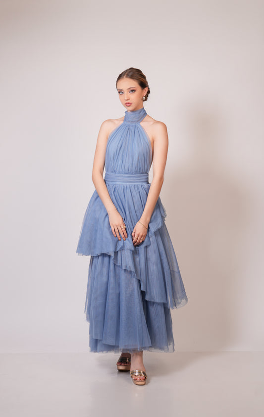 Vestido Azul Cuello Halter Olanes