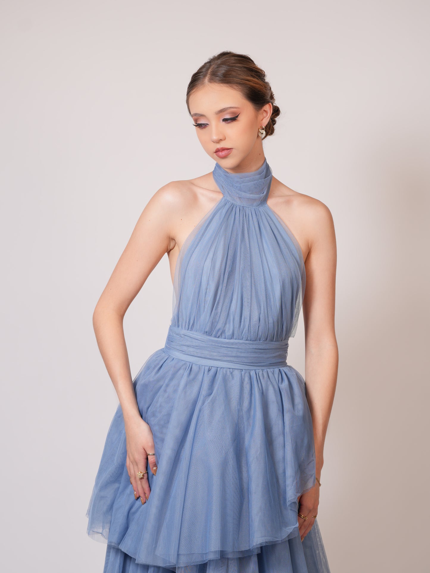 Vestido Azul Cuello Halter Olanes