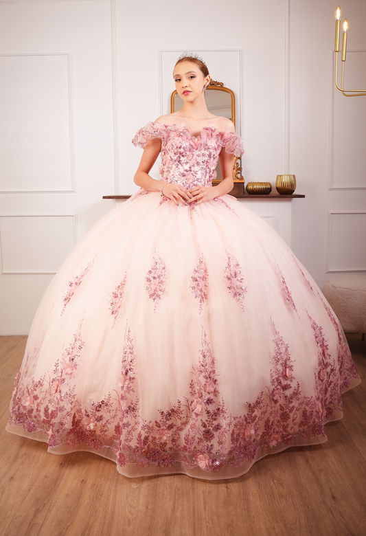 Vestido de XV Años Rosa Glitter Manga Campesina Con Moño