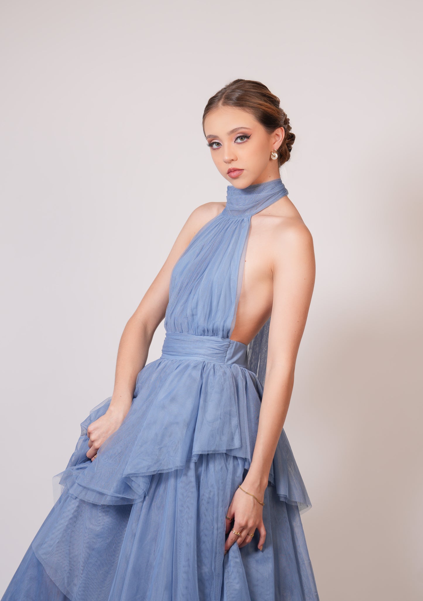 Vestido Azul Cuello Halter Olanes