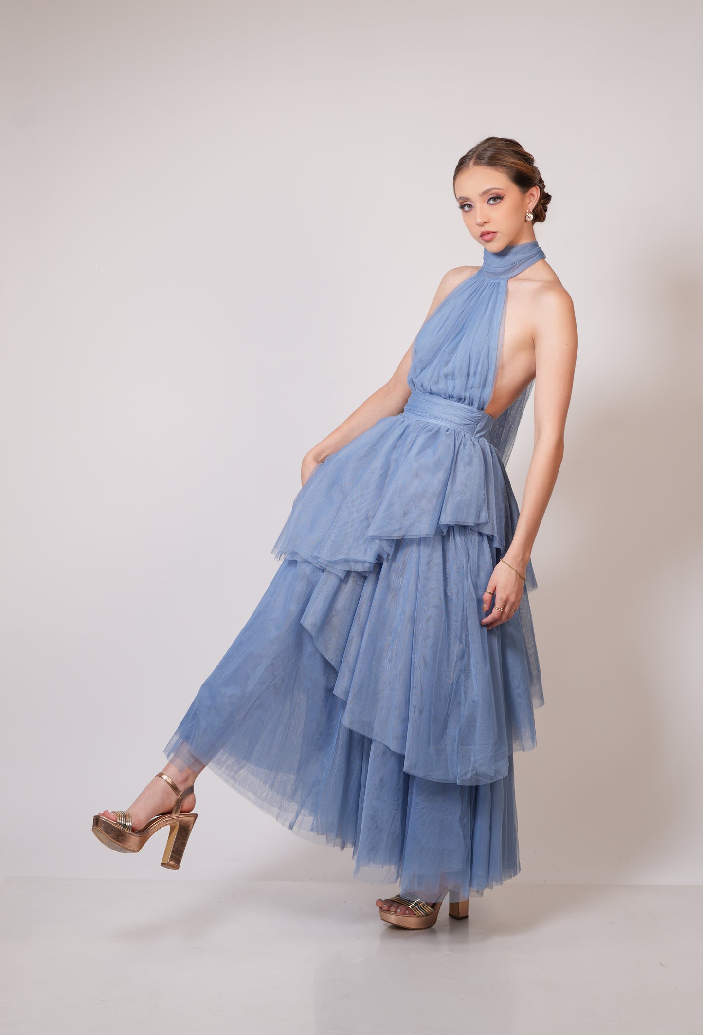 Vestido Azul Cuello Halter Olanes