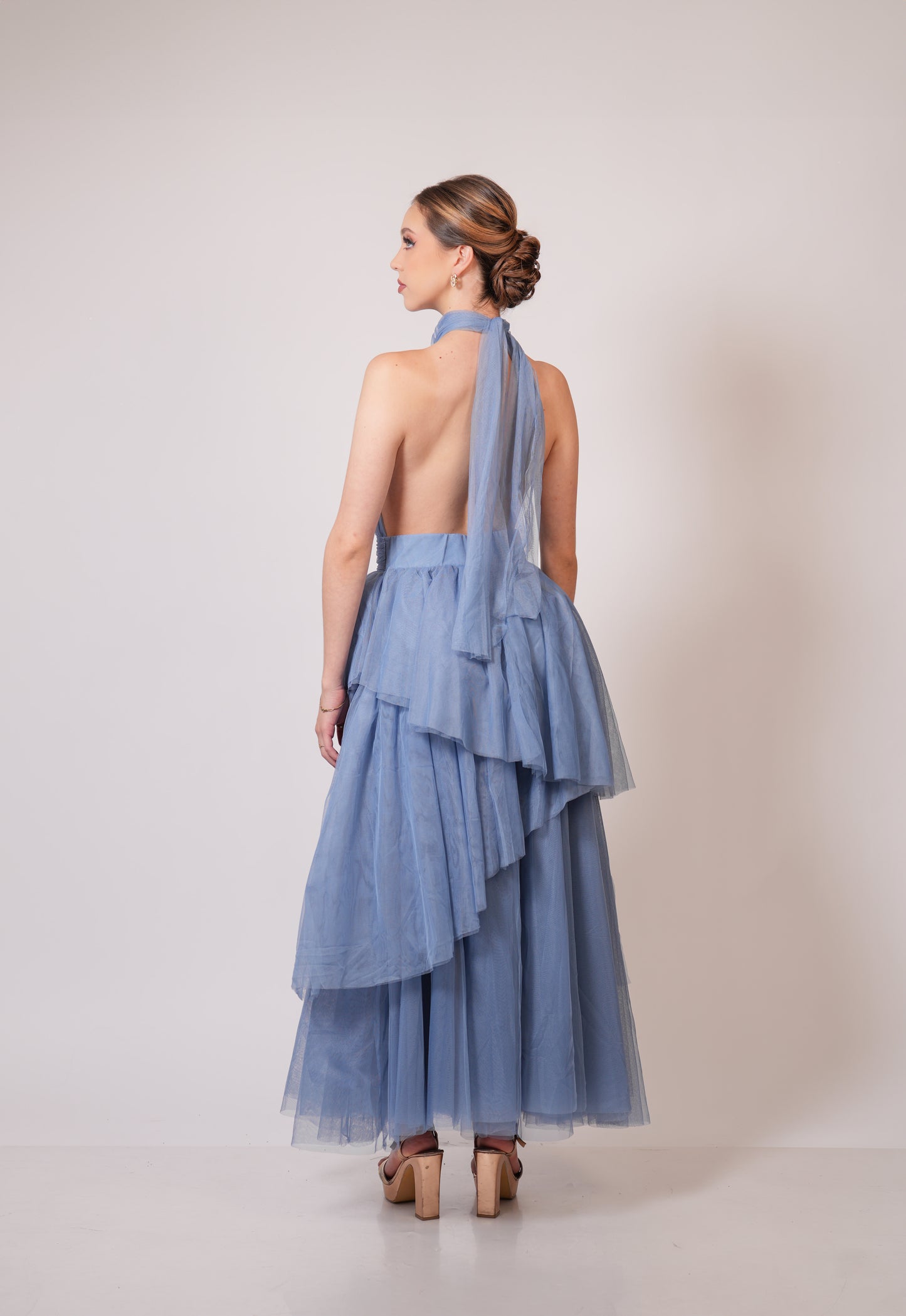 Vestido Azul Cuello Halter Olanes