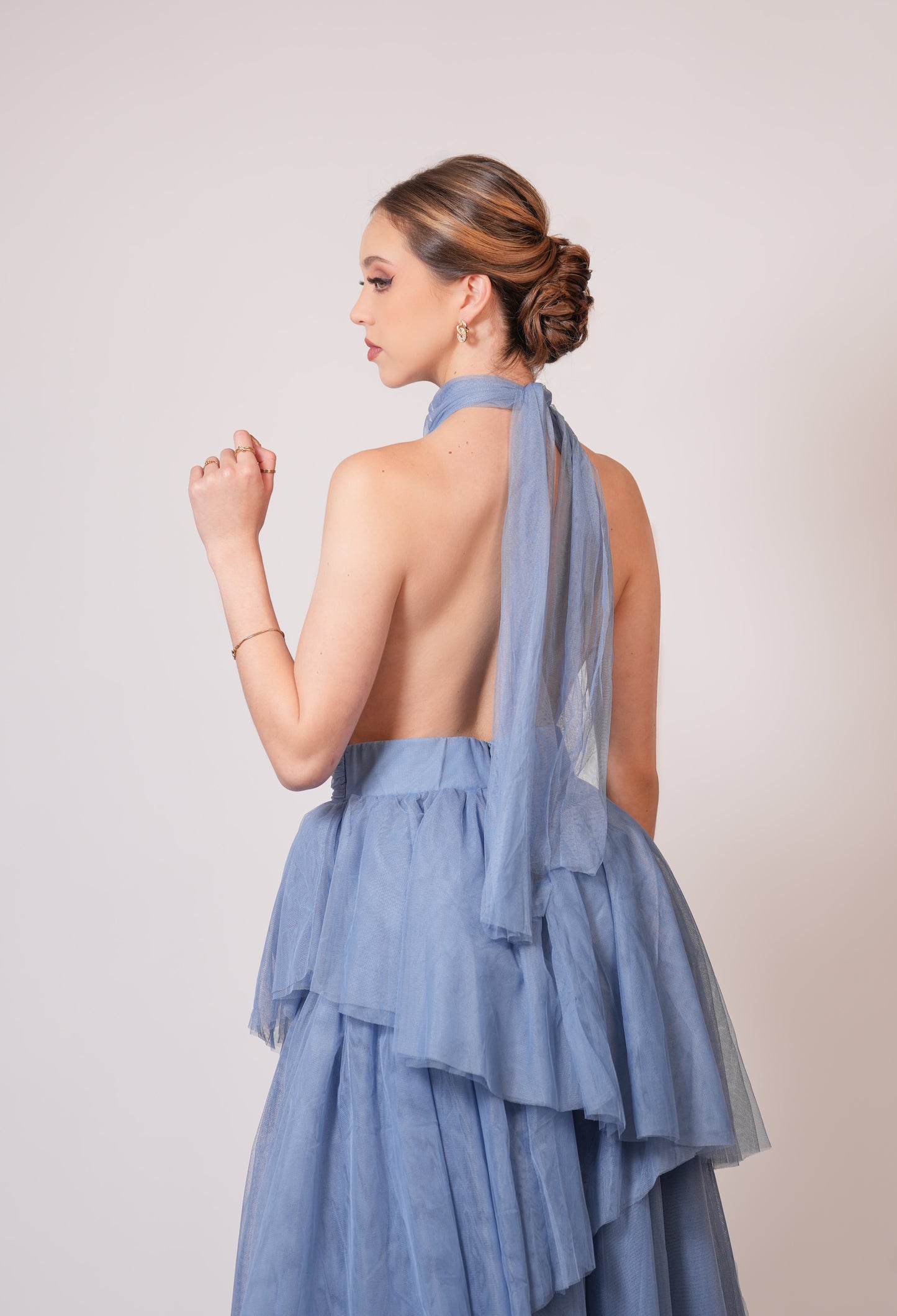 Vestido Azul Cuello Halter Olanes