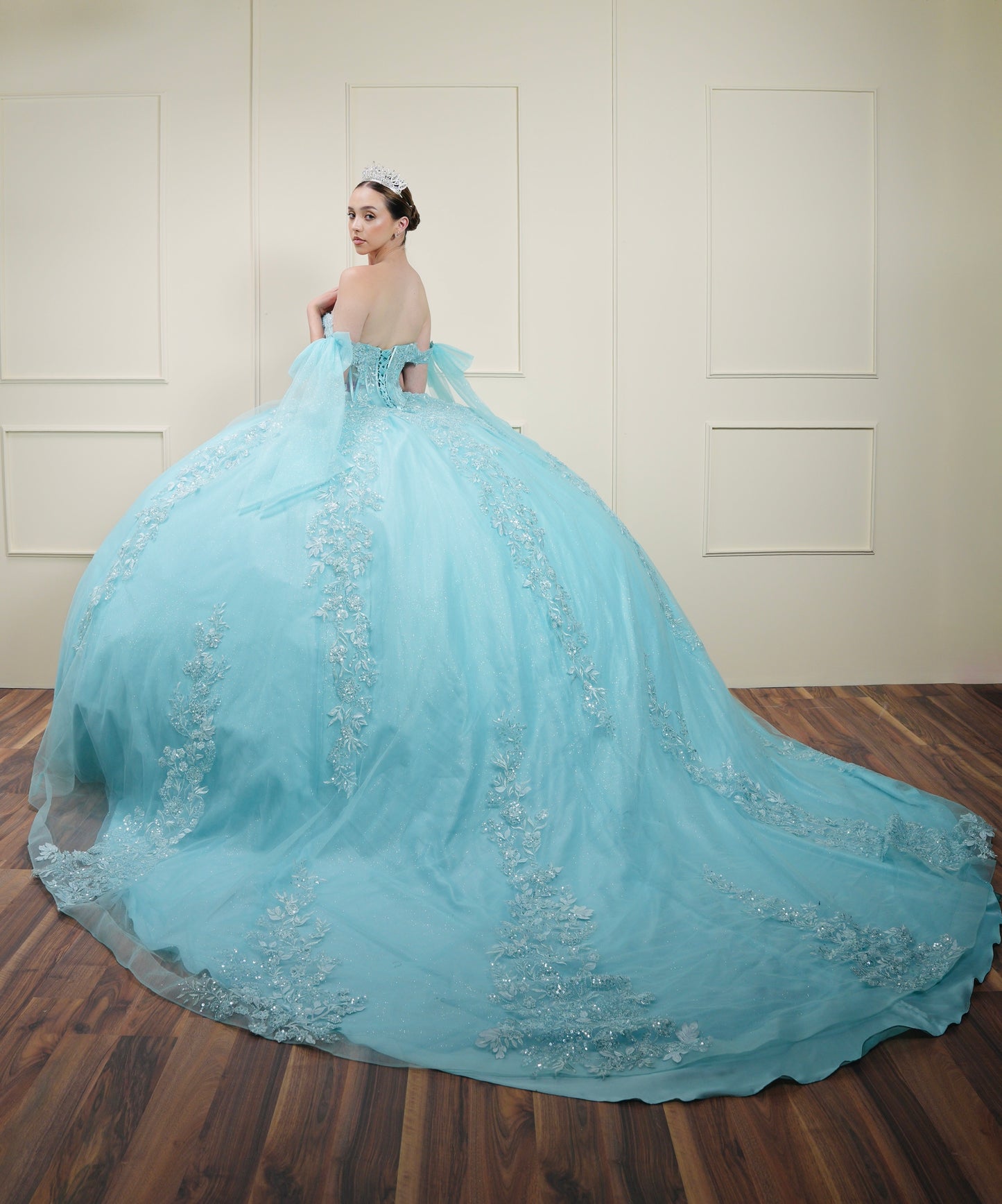 Vestido de XV Años Menta Bordado con Mangas de Moño (Renta)