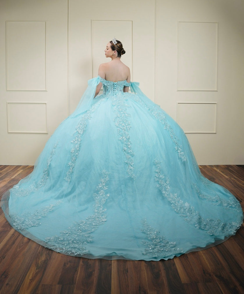 Vestido de XV Años Menta Bordado con Mangas de Moño (Renta)