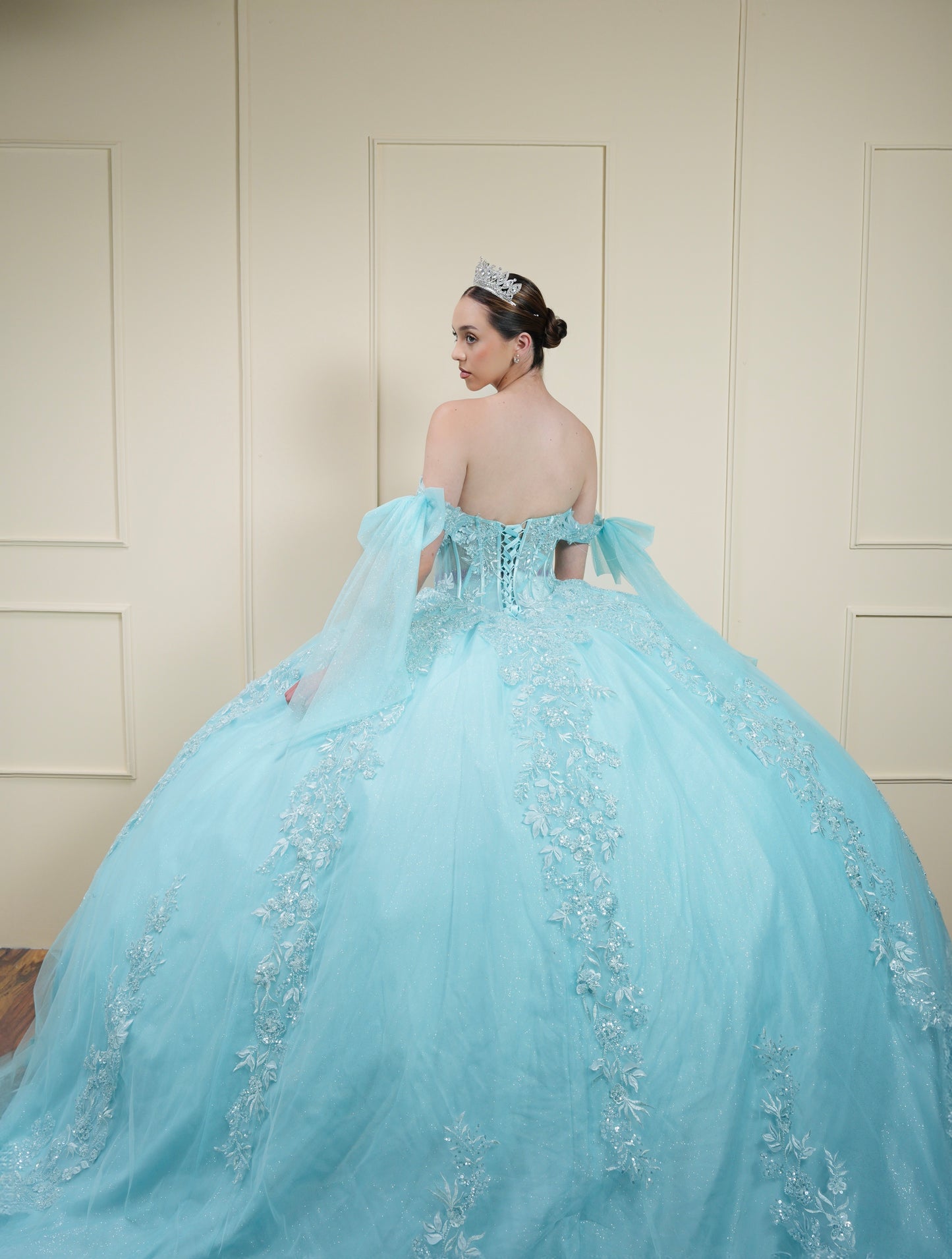 Vestido de XV Años Menta Bordado con Mangas de Moño (Renta)