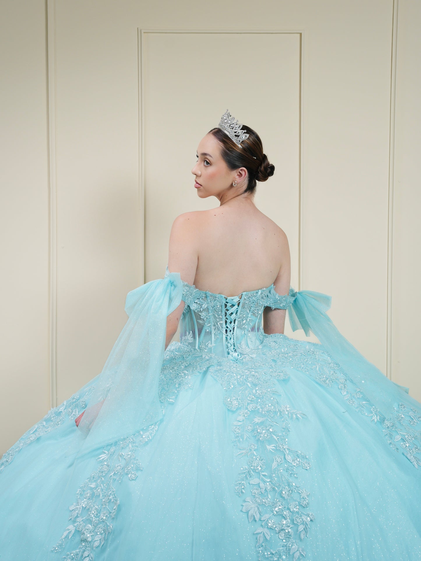 Vestido de XV Años Menta Bordado con Mangas de Moño (Renta)