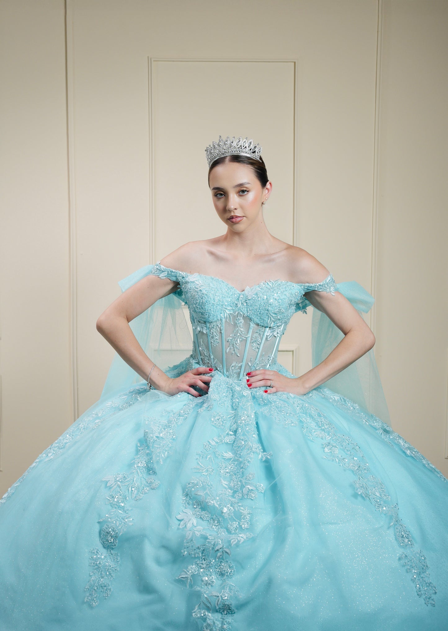 Vestido de XV Años Menta Bordado con Mangas de Moño (Renta)