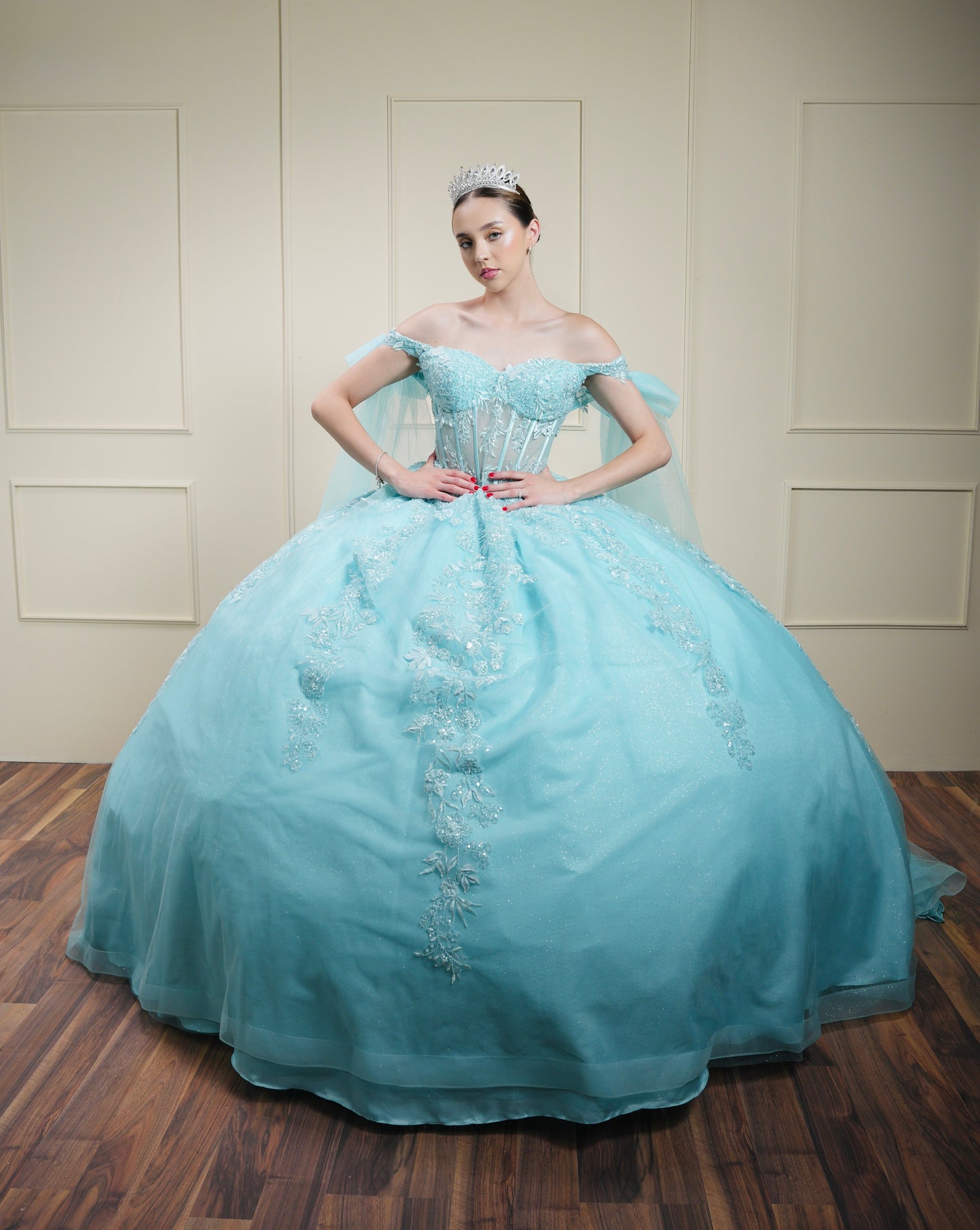 Vestido de XV Años Menta Bordado con Mangas de Moño (Renta)