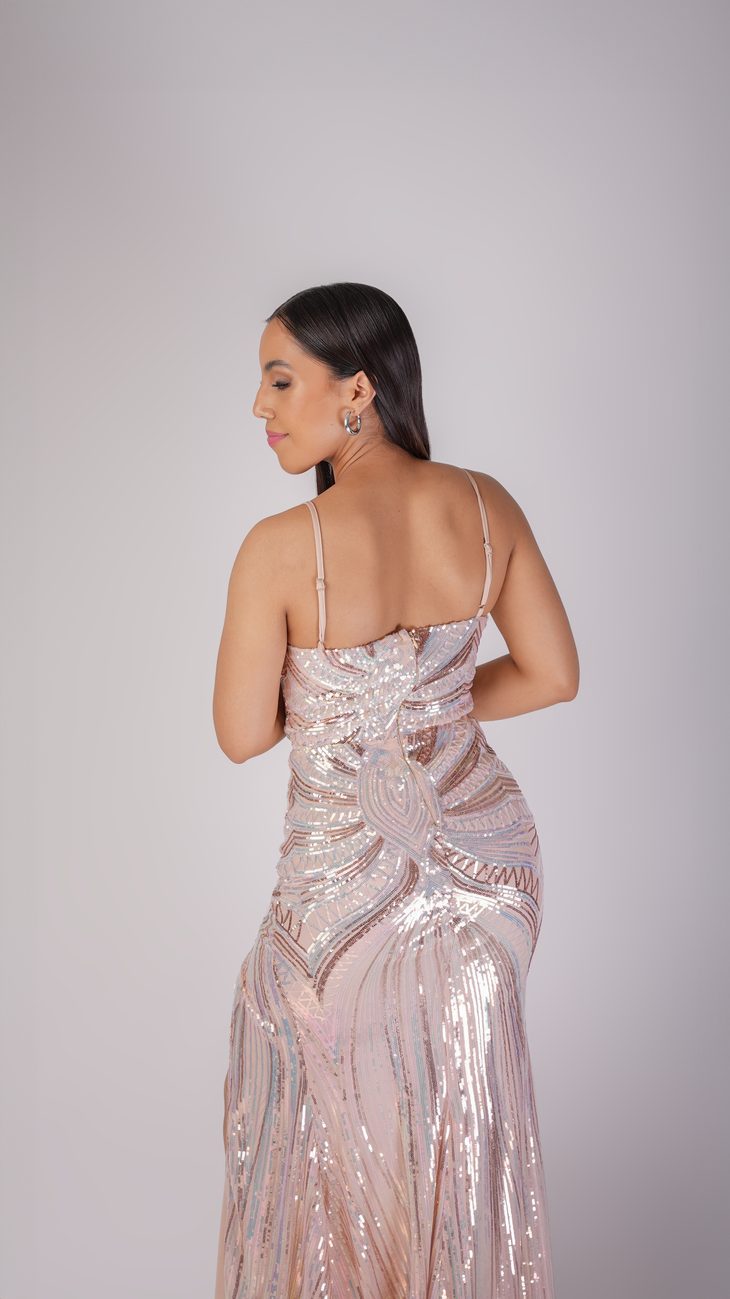 Vestido Champagne Lentejuela Abertura En Pierna