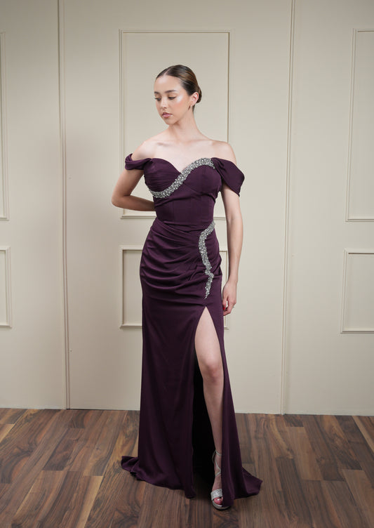 Vestido Morado Strapless  Manga Caída con Detalles