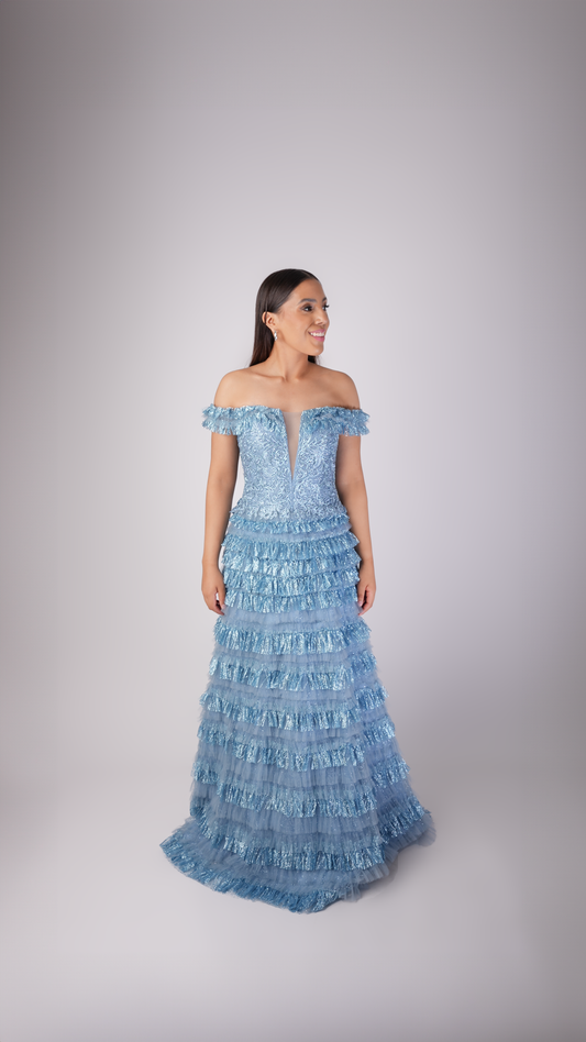 Vestido Azul Cielo Giltter Con Manga Corset Y Olanes