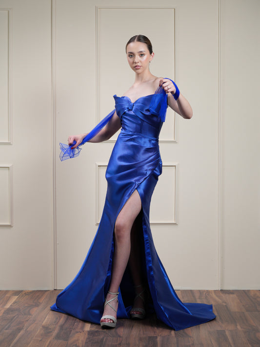 Vestido Azul Royal Straple Grapeado Moño en Escote