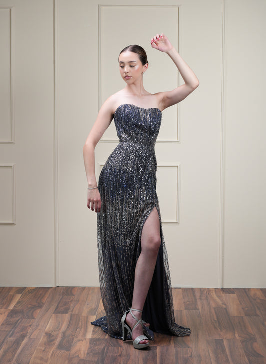 Vestido Straple Lentejuela Azul y Dorada con Abertura en Pierna
