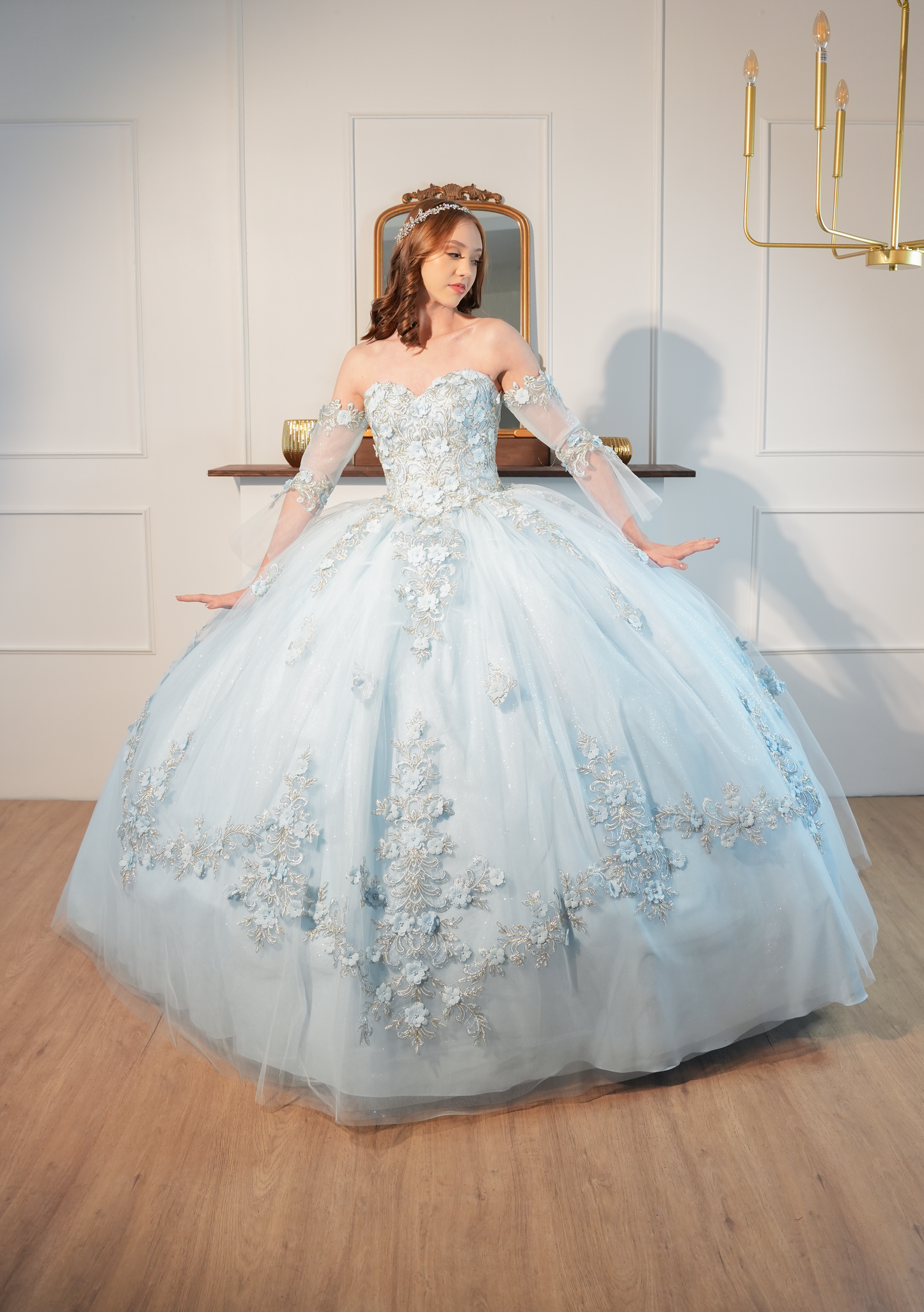 Vestido De XV Años Azul Cielo Bordado de Flores Estraple