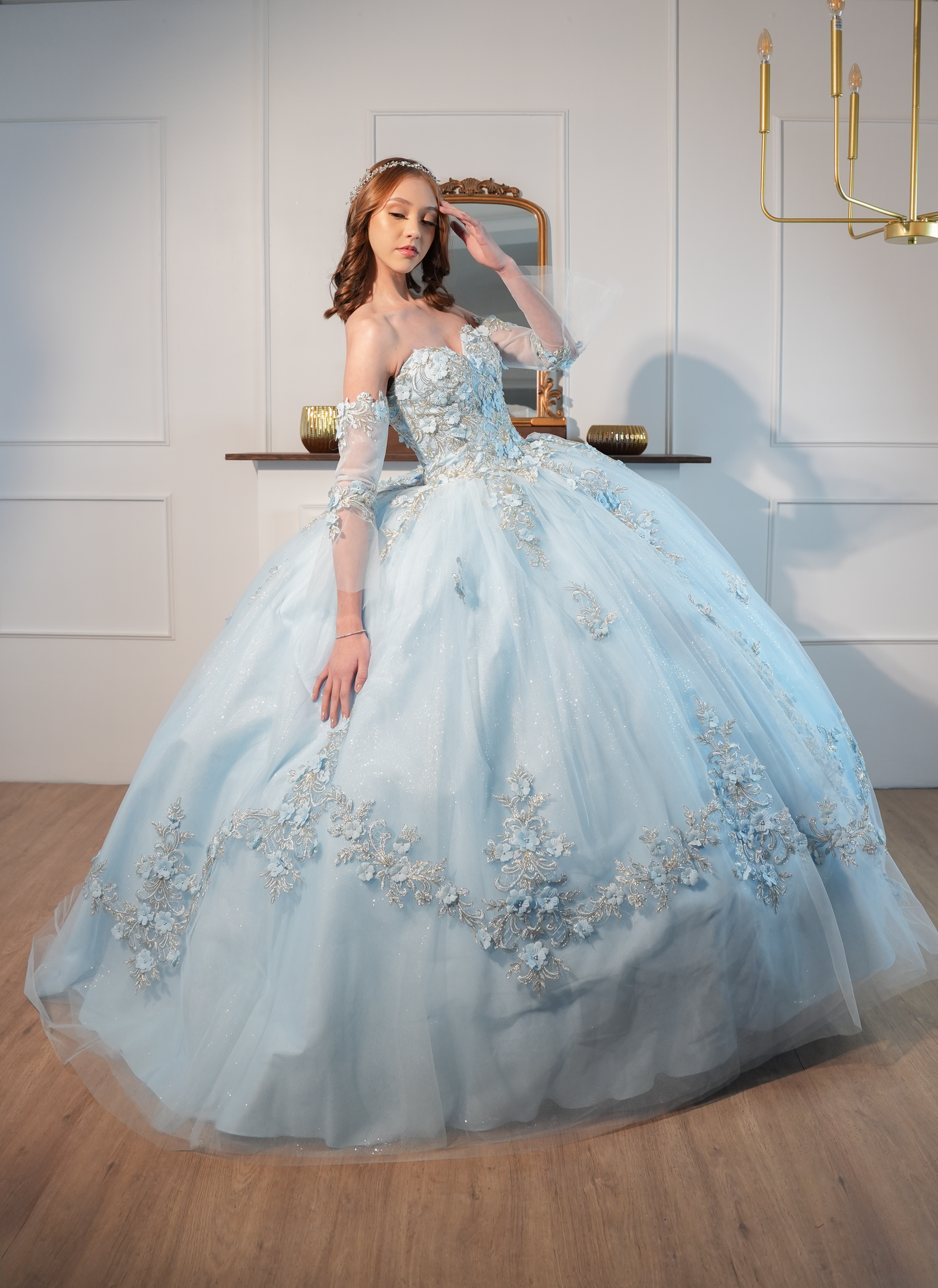 Vestido De XV Años Azul Cielo Bordado de Flores Estraple