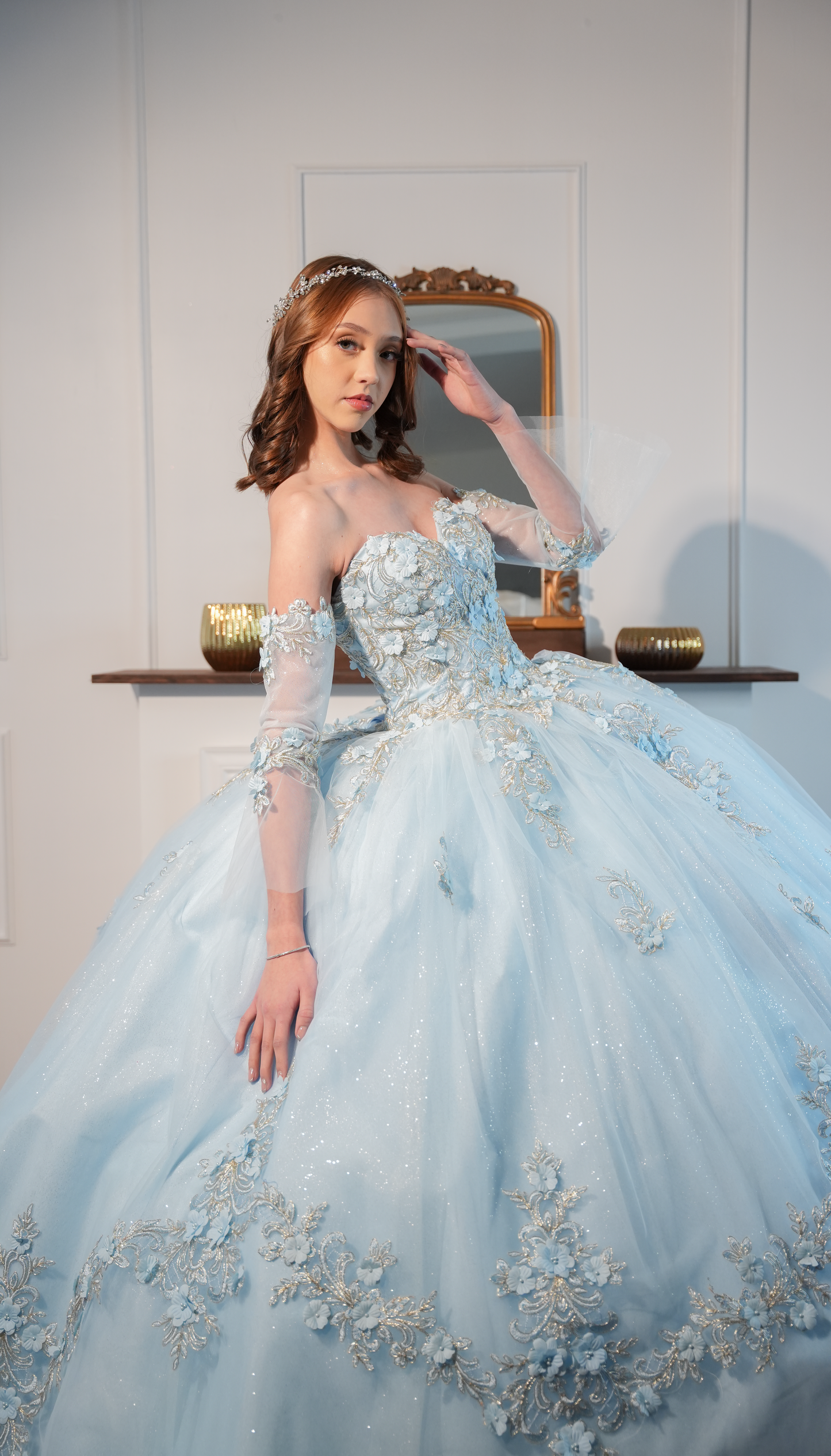 Vestido De XV Años Azul Cielo Bordado de Flores Estraple