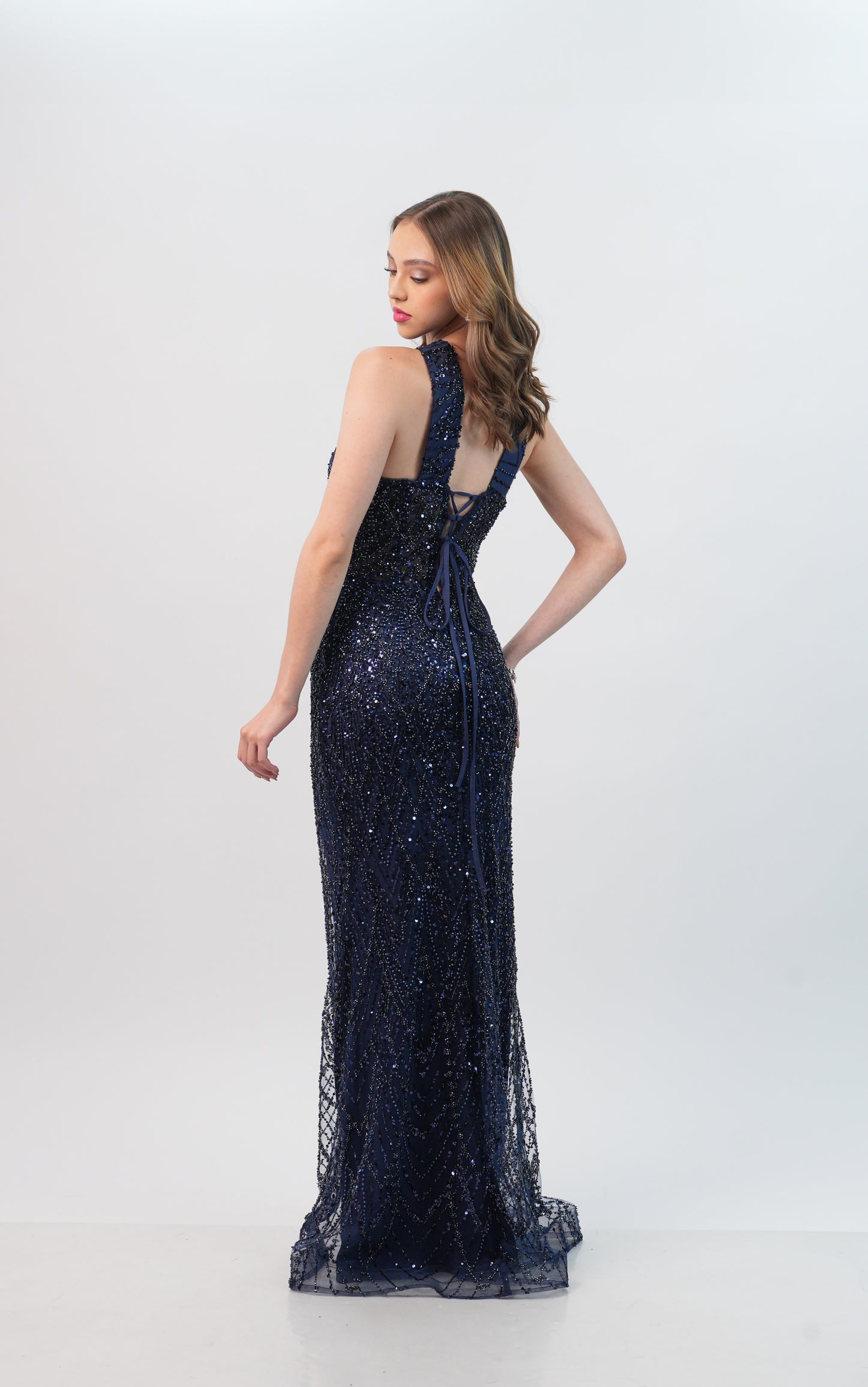 Vestido Azul Marino Lentejuela Cruzada