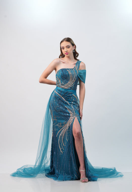 Vestido Azul Aqua Lentejuela Dorada Con Cola