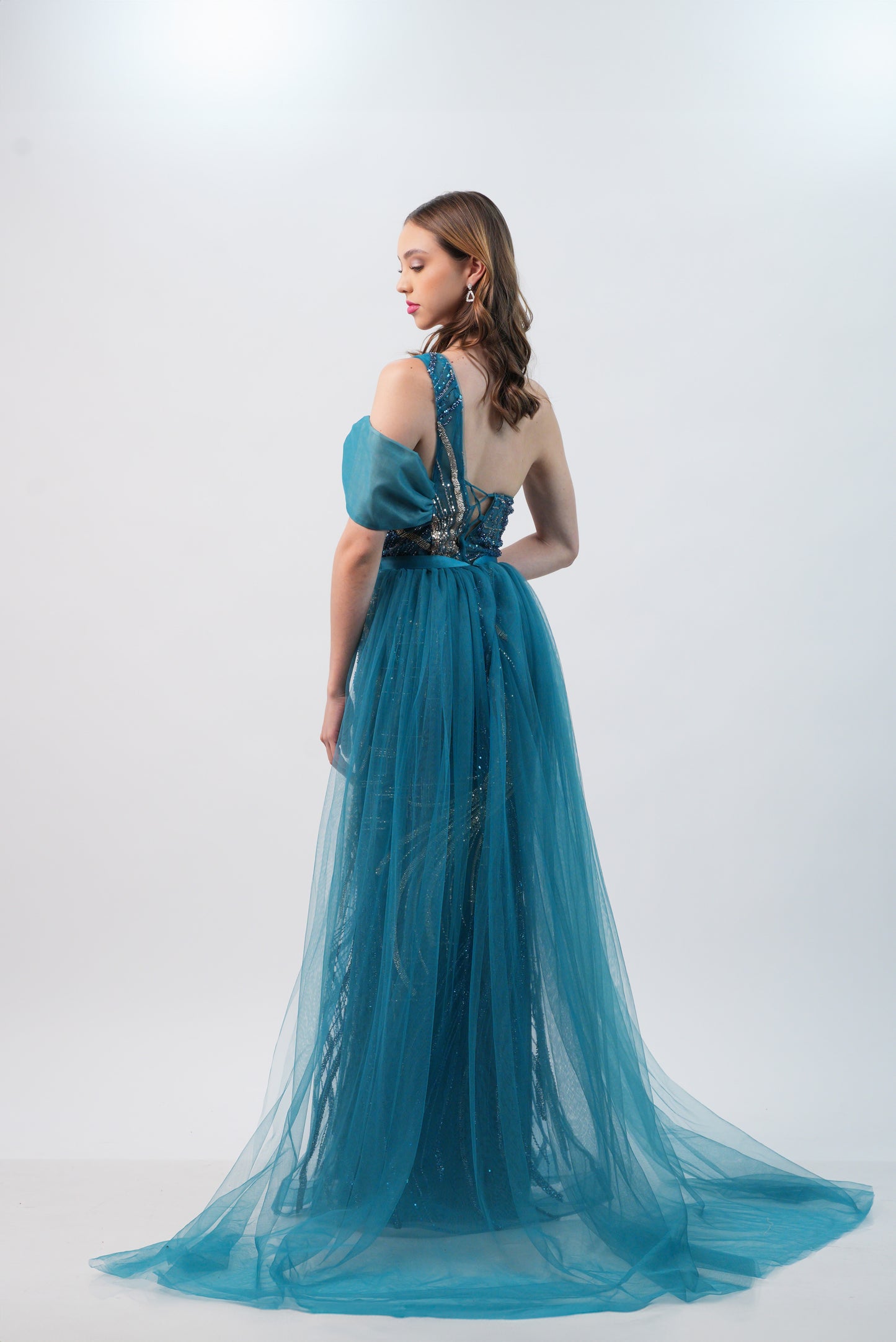 Vestido Azul Aqua Lentejuela Dorada Con Cola