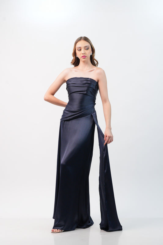 Vestido Azul Marino Straple Corrugado Con Banda