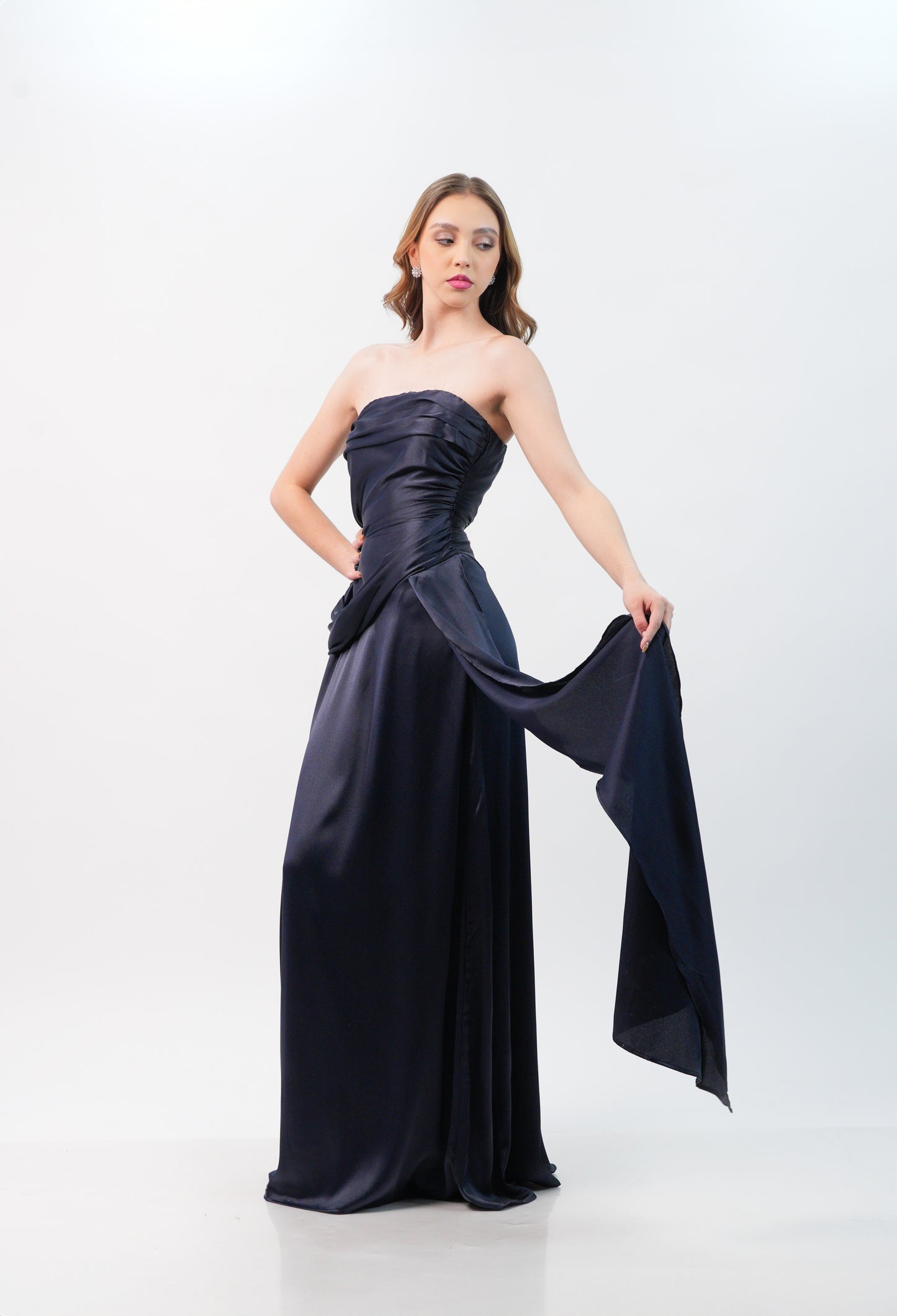 Vestido Azul Marino Straple Corrugado Con Banda