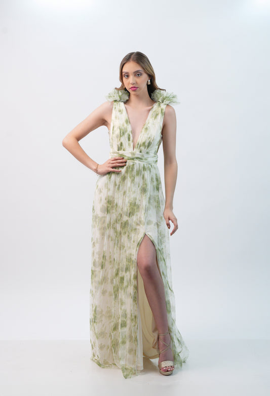 Vestido Verde Con Blanco Flor En Hombros