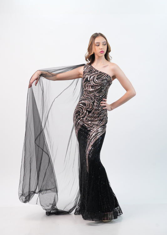 Vestido Negro Con Lentejuela Dorado Tul En Hombro