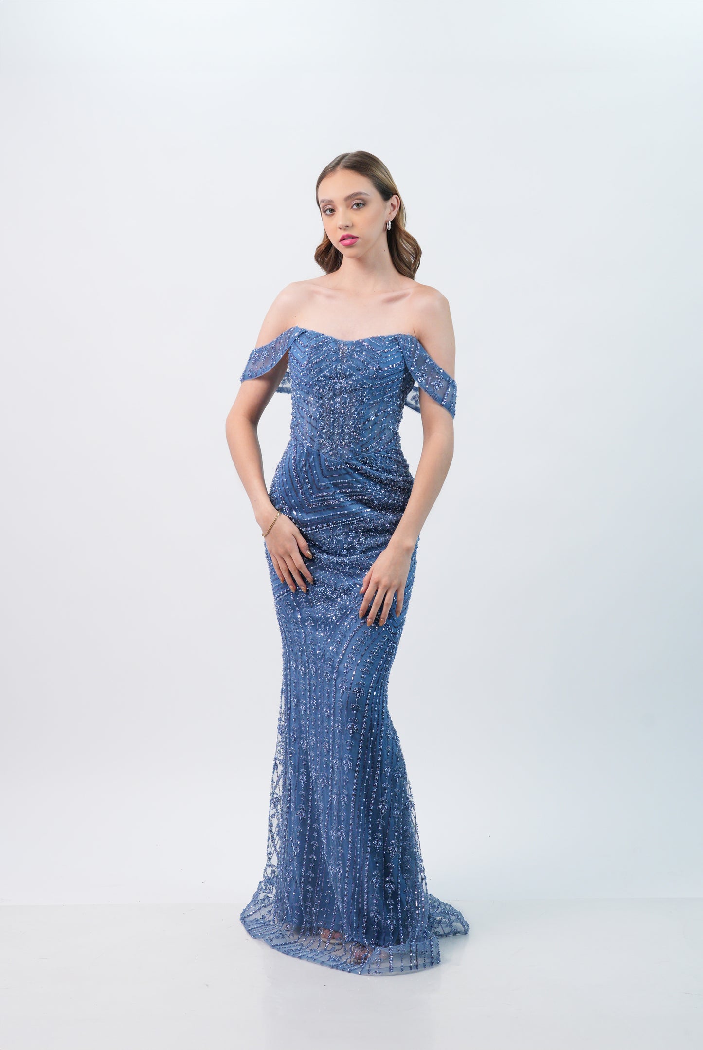 Vestido Azul Cielo Lentejuela Manga Caida