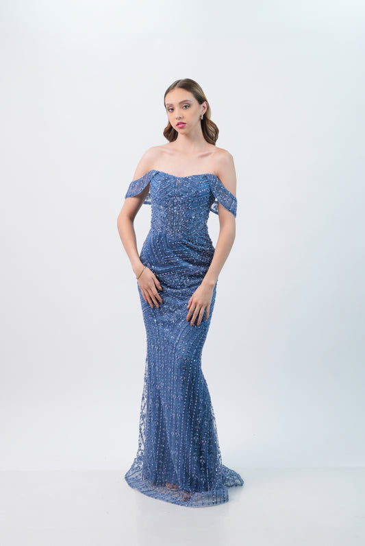 Vestido Azul Cielo Lentejuela Manga Caida