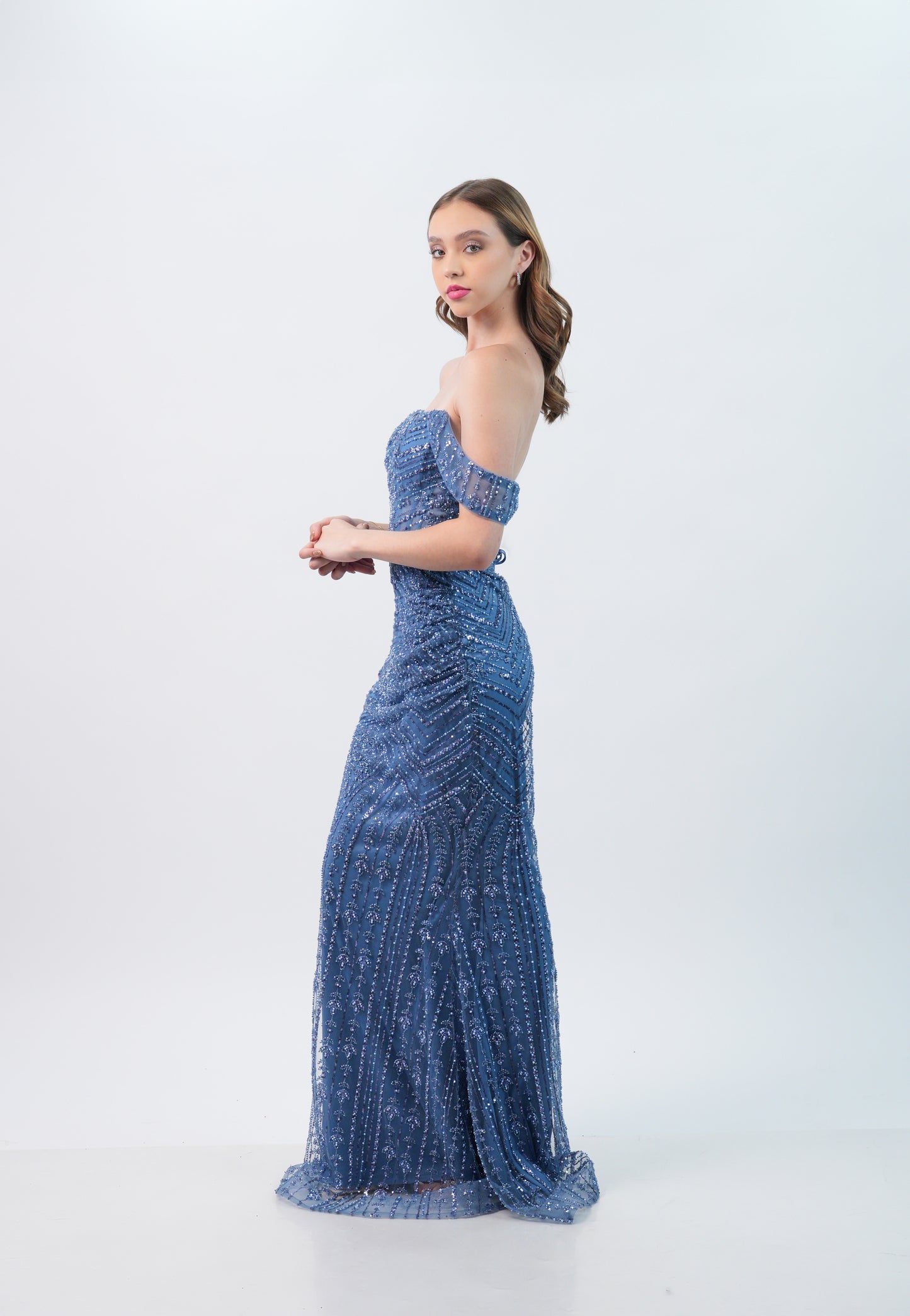 Vestido Azul Cielo Lentejuela Manga Caida
