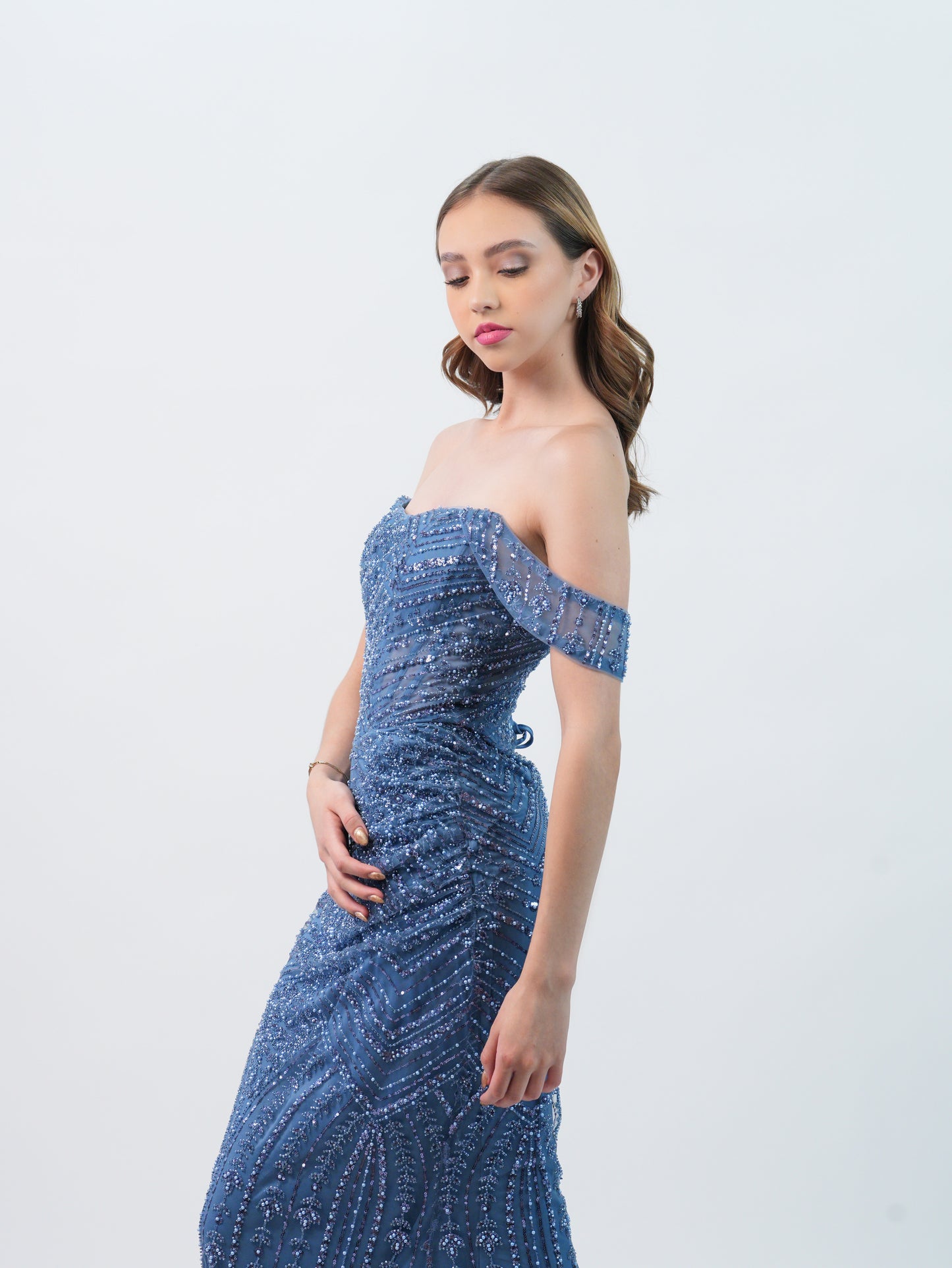 Vestido Azul Cielo Lentejuela Manga Caida