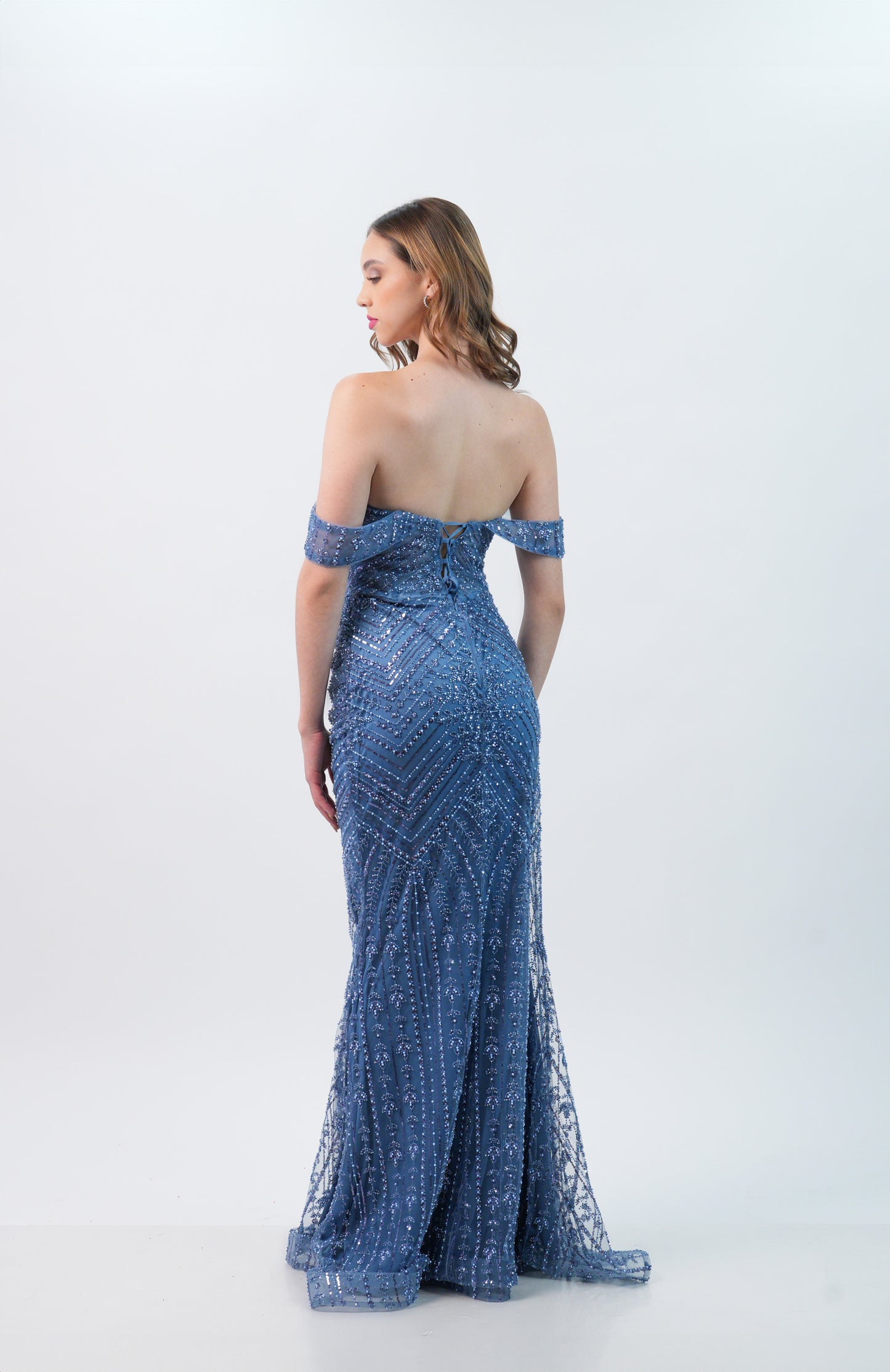 Vestido Azul Cielo Lentejuela Manga Caida