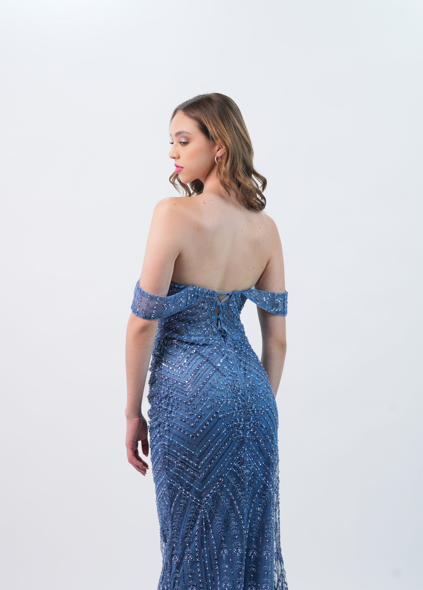 Vestido Azul Cielo Lentejuela Manga Caida