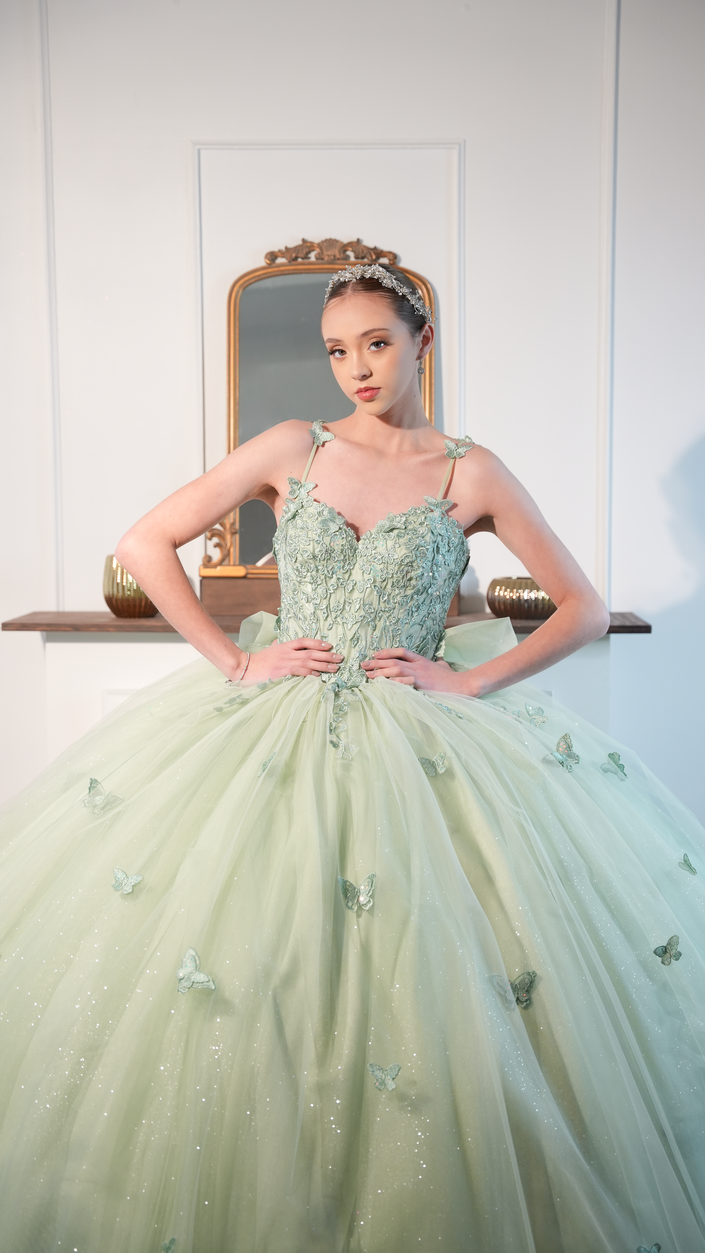 Vestido de XV Años Verde Sage de Mariposas con Moño y Tirantes (Renta)