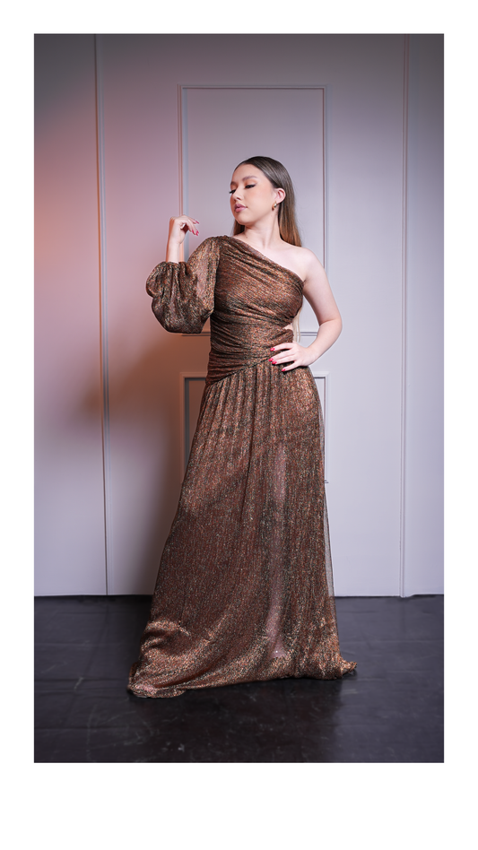 Vestido Cobre Brilloso De Una Manga Larga
