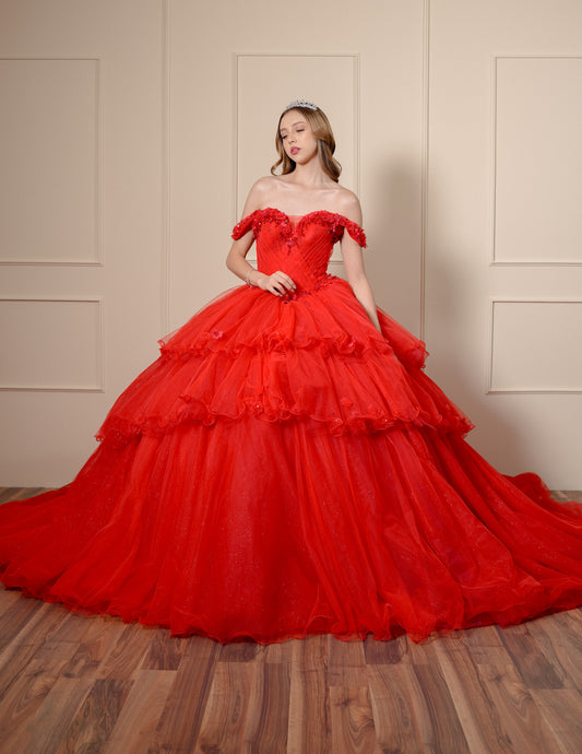 Vestido de XV Años Rojo con Flores y Manga Caída 2 en 1